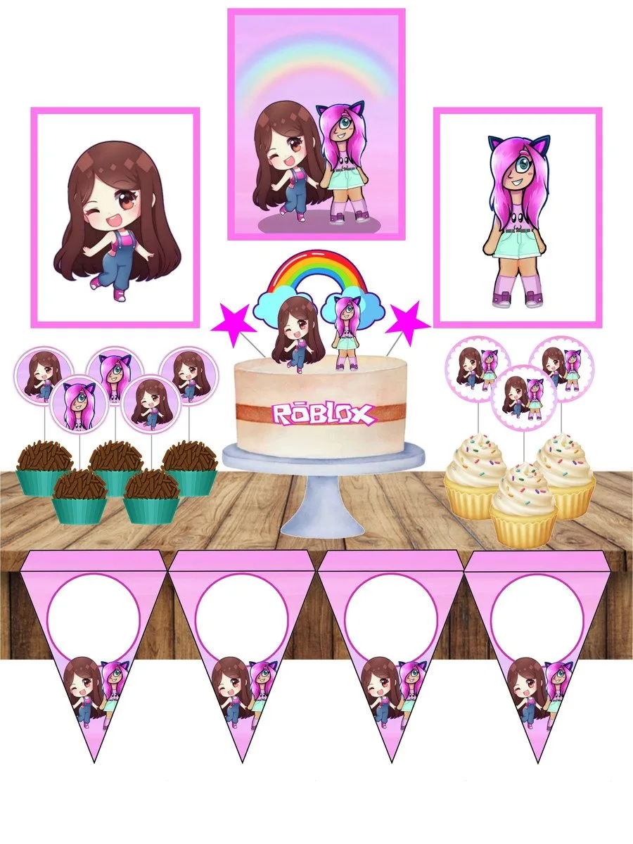 Kit de festa com personagens femininos estilizados, bolo decorado e cupcakes em fundo de madeira.