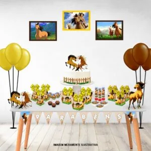 Mesa decorada com tema de cavalos, bolo centralizado, doces e balões coloridos.