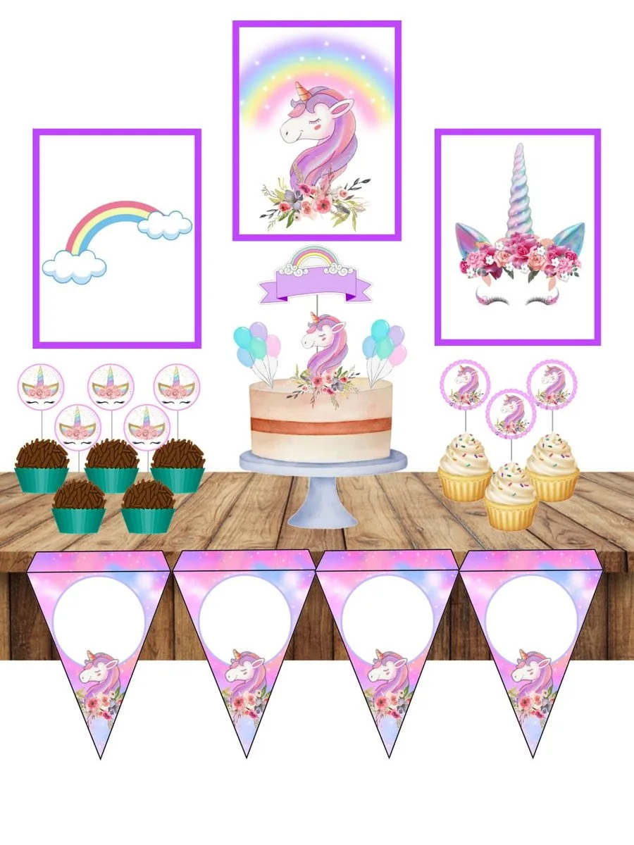 Ilustração de kit festa com tema de unicórnio, bolo, doces e bandeirinhas.