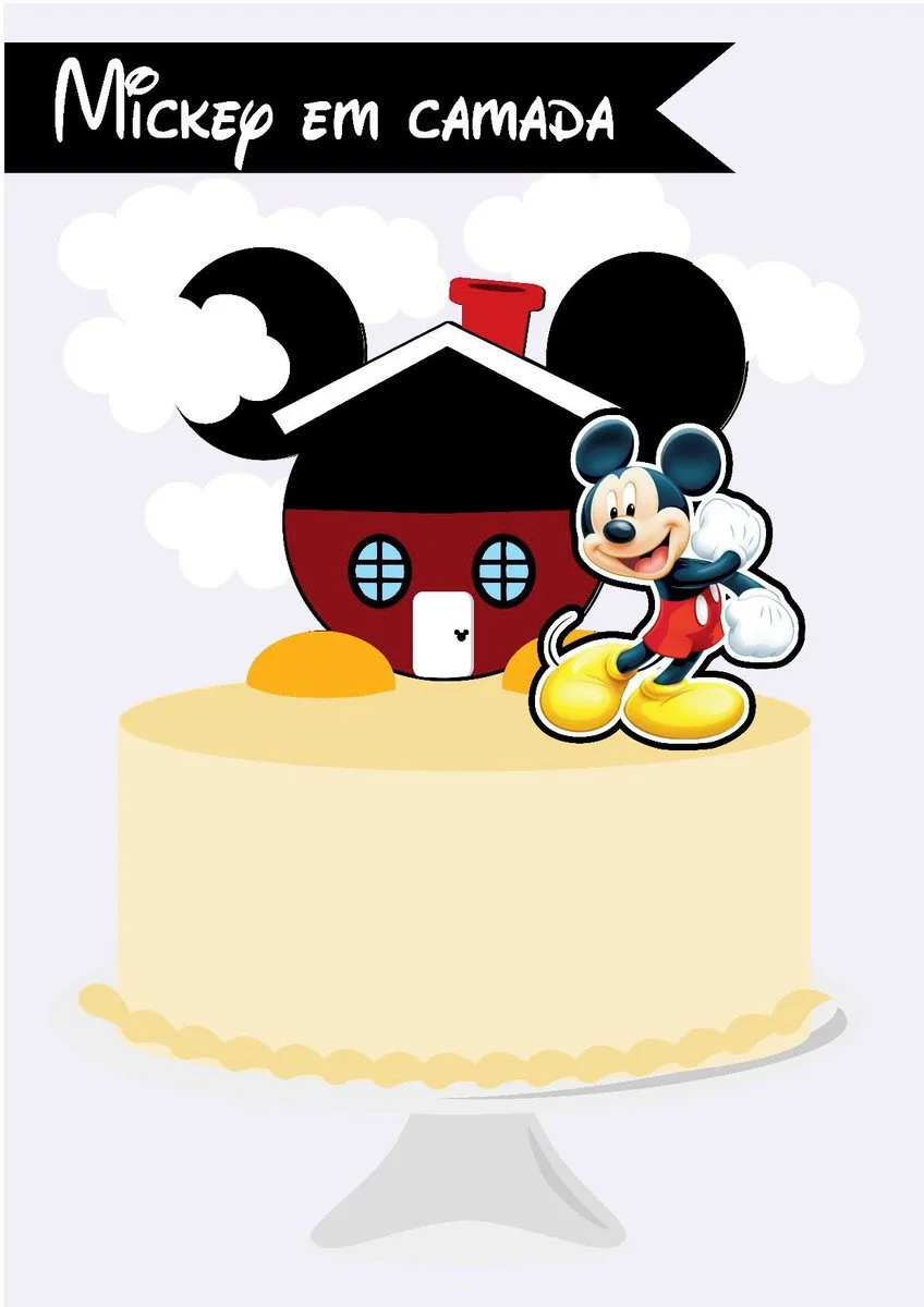 Topo Bolo Mickey Camadas 1 Bolo decorado com topo de papel temático de personagem sobre fundo claro.