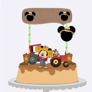 Topo Bolo Mickey Fazendinha 2 Topo de bolo decorativo com personagens infantis, trator vermelho, botas e placas temáticas.
