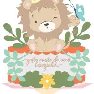 Ilustração de um leãozinho fofo com coroa de rei sobre um bolo