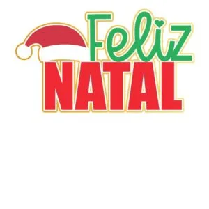 Arte digital com texto Feliz Natal em letras verdes e vermelhas com gorro de papai noel